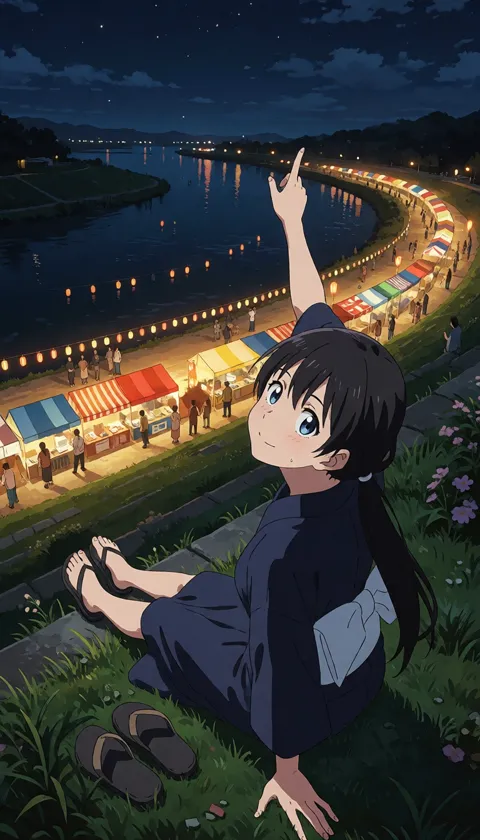 土手で花火を待つ
